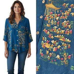 Citron Santa Monica 100% Silk Tunic Asian Artsy Art To Wear Button Top